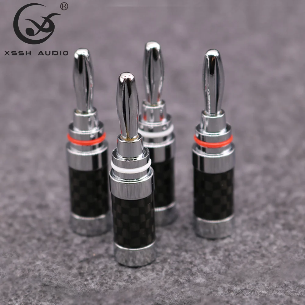 Konektor Pisang GuangZhou YIVO XSSH Colokan Listrik Rhodium Berlapis Kuningan Serat Karbon OEM untuk Kabel Speaker Diameter Maksimal 5Mm