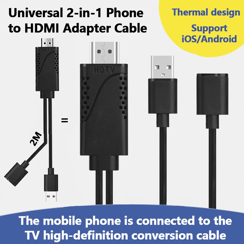 

2M USB-C & Lightning to HDMI Cable for iPhone/iPad/Android - 1080P Plug and Play Screen Mirroring Adapter