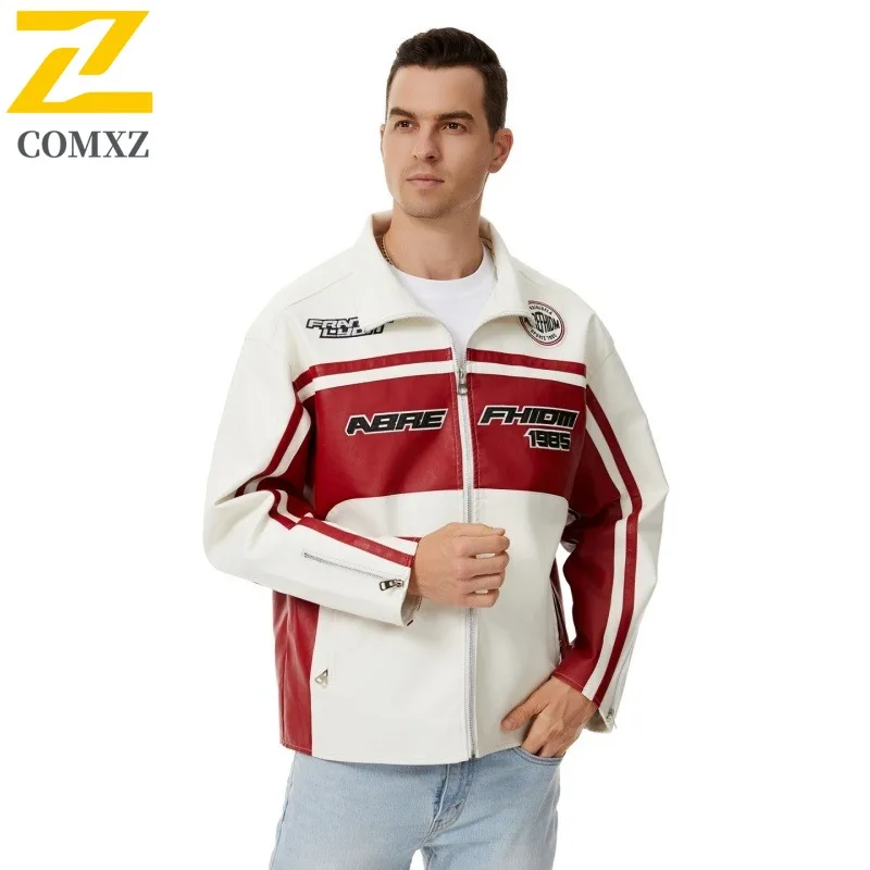 

Men's Vintage Biker Jacket Stand Collar Loose Fit PU Leather Coat Water-Resistant Windproof Streetwear Motorcycle Outerwear 2025