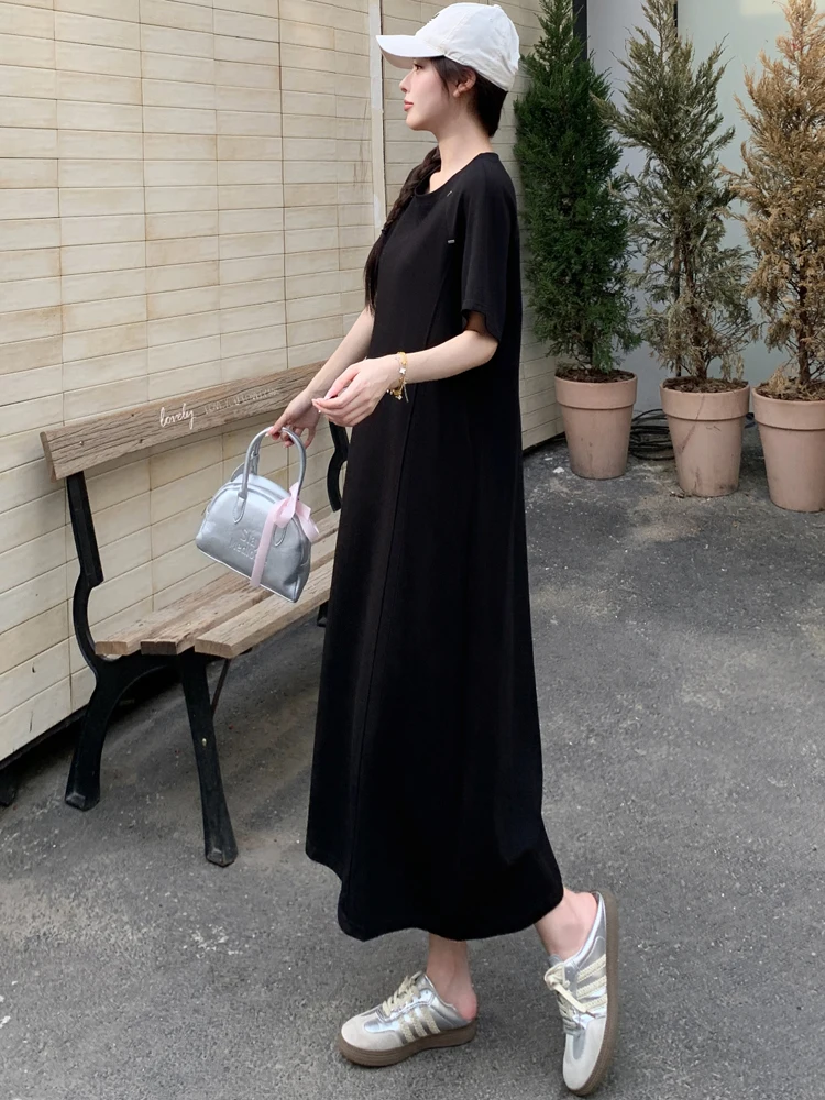 NYFS Tシャツサマードレス 2025 韓国スタイルの女性のルーズプラスサイズ半袖固体ロングドレスローブ Elbise
