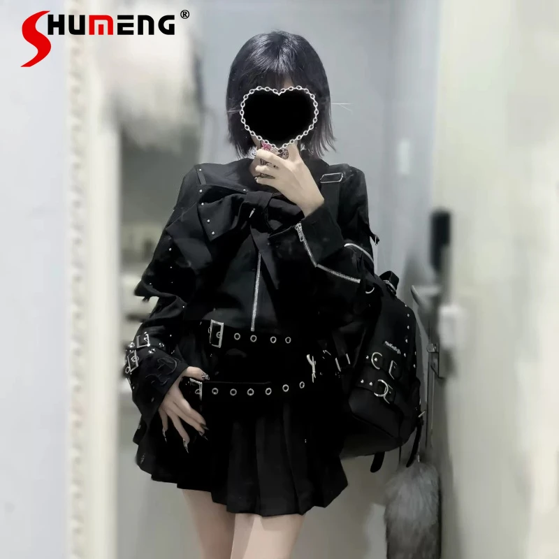 

Autumn 2026 Sailor Navy Collar Long-sleeves Top Jacket Japanese Punk Style Y2k Rivet Zipper Coat Skirt With Belt Two-pieces Set