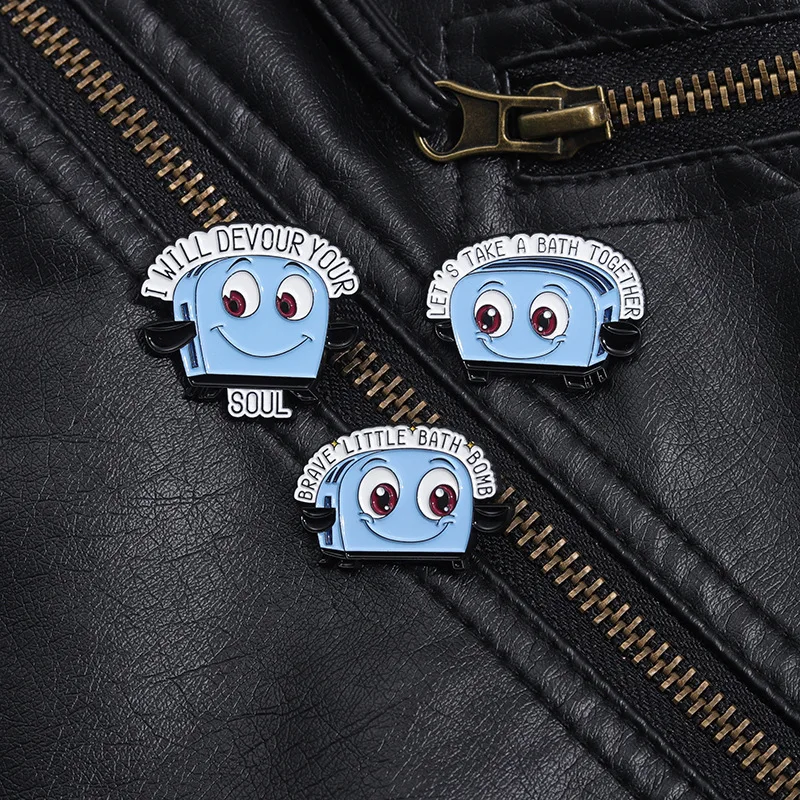 Creative Funny Blue Color Bread Machine Badge Brooch Pins Cartoon I Will Devour Your Soul Enamel Lapel Pin Accessory On Backpack