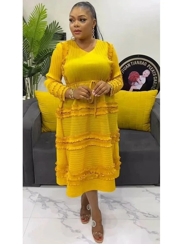 Vestido plisado elegante para mujer, cuello redondo, manga larga Floral 3D, diseño empalmado de hongos, vestidos acampanados, moda de fiesta, nuevo 2025