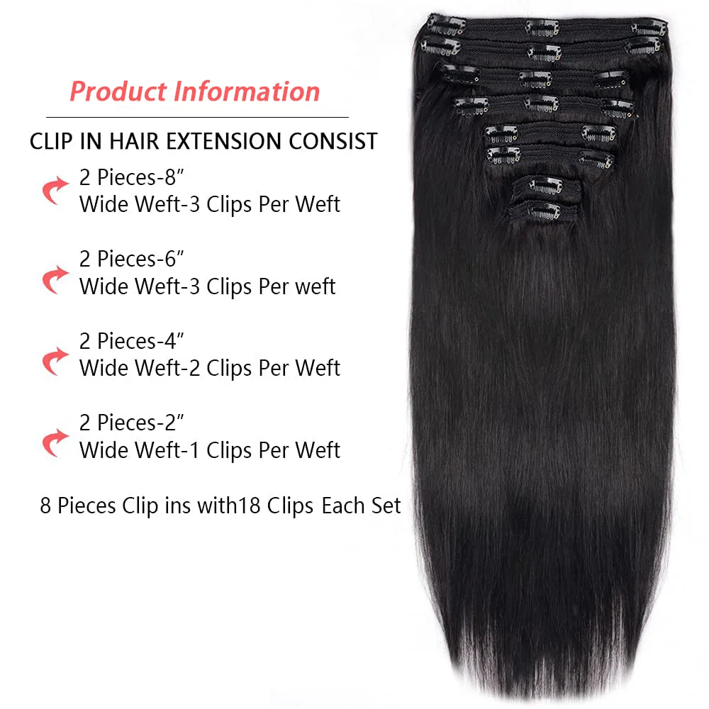 Clip en extensión de cabello cabello humano sin costuras cabeza completa brasileño recto Natural Clip de cabello humano en extensiones para mujeres