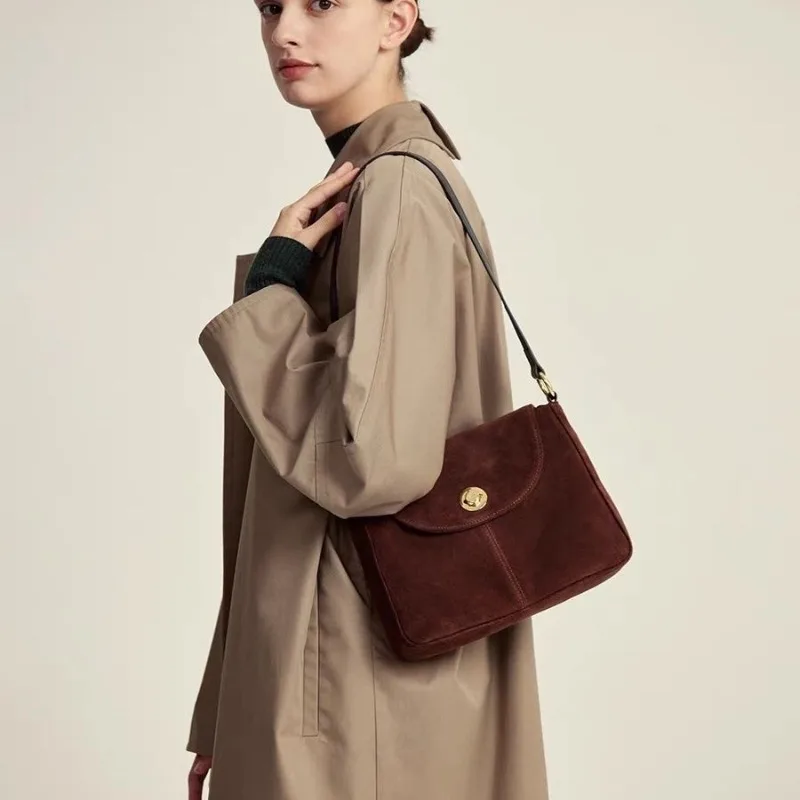 Handbag Suede Method Tote Bag Autumn and Winter Lazy Vintage Fallow Shoulder Bag Crossbody Bag Fashion Lock Catch