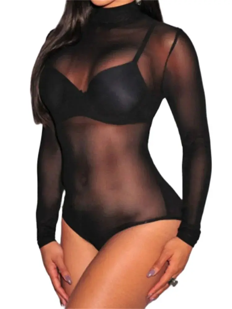 

Women Mesh Bodysuits Summer Fall Long Sleeve Mock Neck Bodycon Body Top See Through Vintage Sexy Clubwear