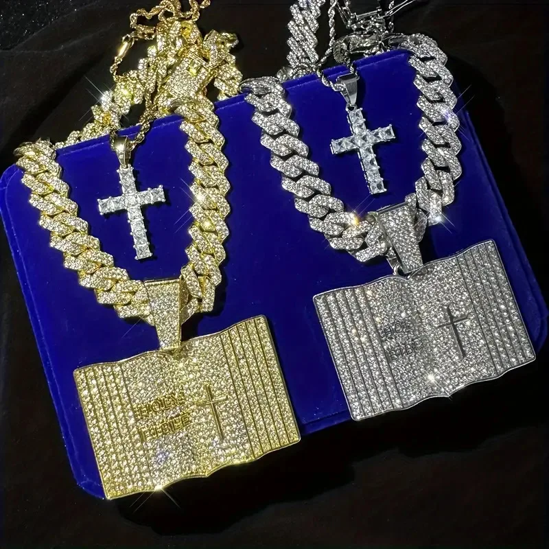 Full Crystal Bible Cross Pendant With Iced Out Miami Cuban Chain Necklace For Men Women Hip Hop Jewelry Set Dropshipping