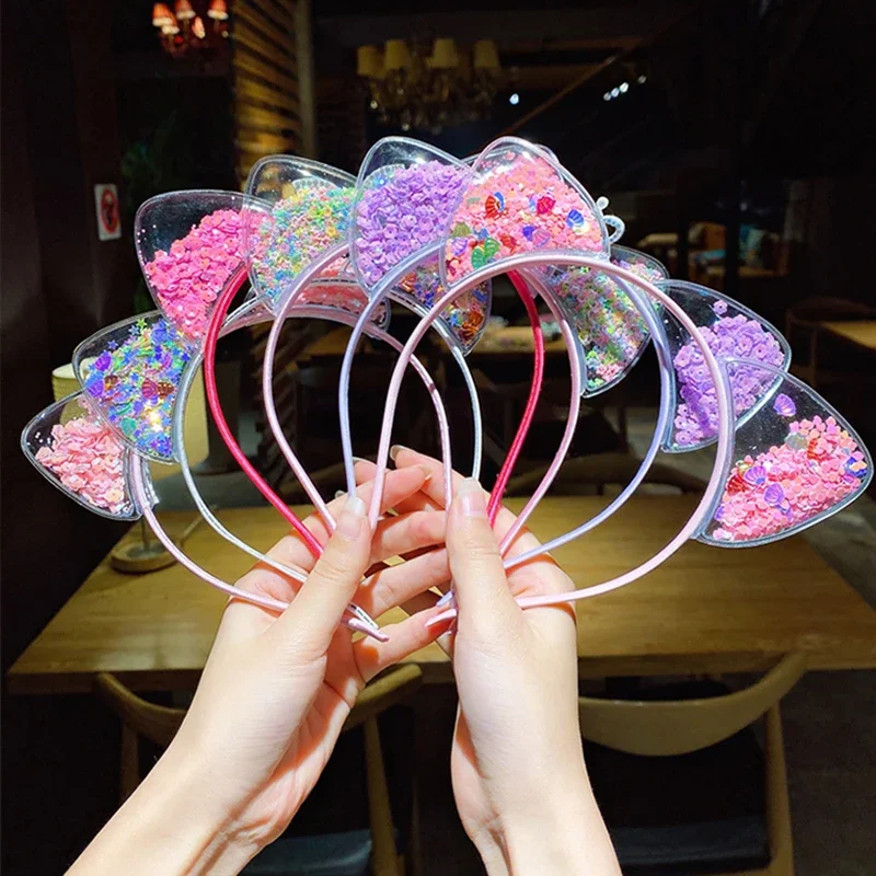 

Блестящая повязка для волос с кошачьими ушками для девочек и детей, повязка на голову с короной из зыбучих песков, кошачьи уши, вечерние обручи для волос, детские аксессуары для волос, ювелирные изделия, головные уборы