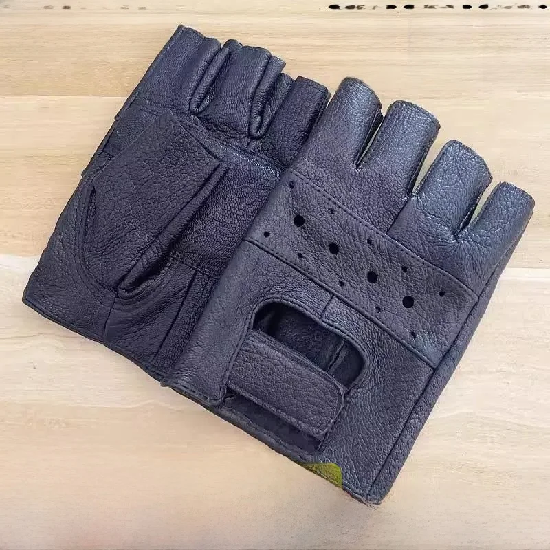 sheepskin-half-finger-gloves-men's-tactical-training-anti-slip-wear-resistant-real-leather-riding-driving-motorcycle-gloves