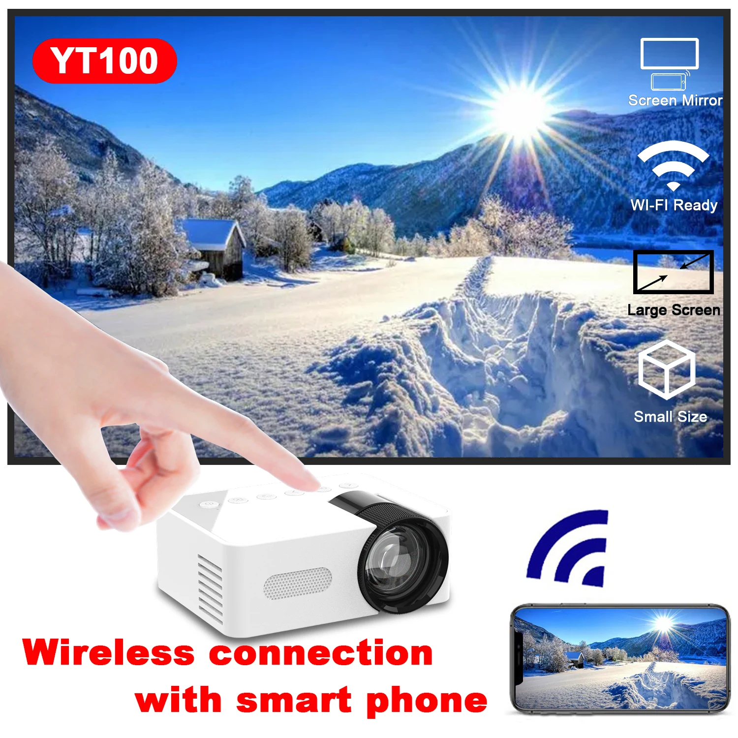 

YT100 wireless mobile phone projector high-definition LED can be powered by mobile power supply, living room, bedroom, outdoor
