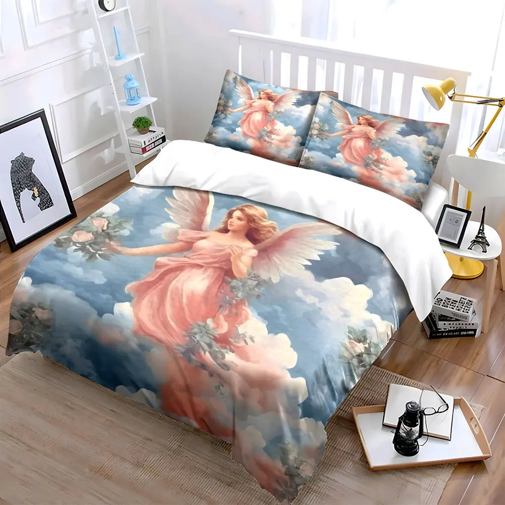 Angel with flowers in clouds Printed Duvet Cover Set 1 Duvet Cover+2 Pillowcase Multi Size Bedroom Bedding Decor Luxury gifts