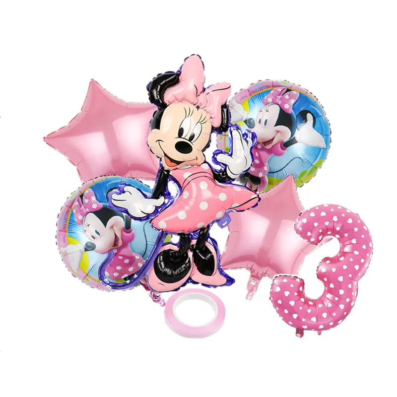 Ballons en aluminium Minnie Mouse, 6 pièces, décorations de fête d'anniversaire pour enfants filles, réception-cadeau pour bébé rose 1 2 3 4 5 6 7 8 9, ensemble de ballons, fournitures