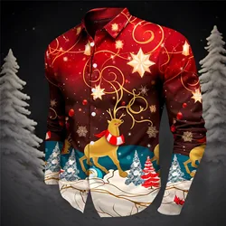 Christmas Casual Print Men's Shirts Hawaii Long Sleeve Lapel Button Floral Slim Fit Blouse Oversize Cartoon Elk Santa Claus Tops