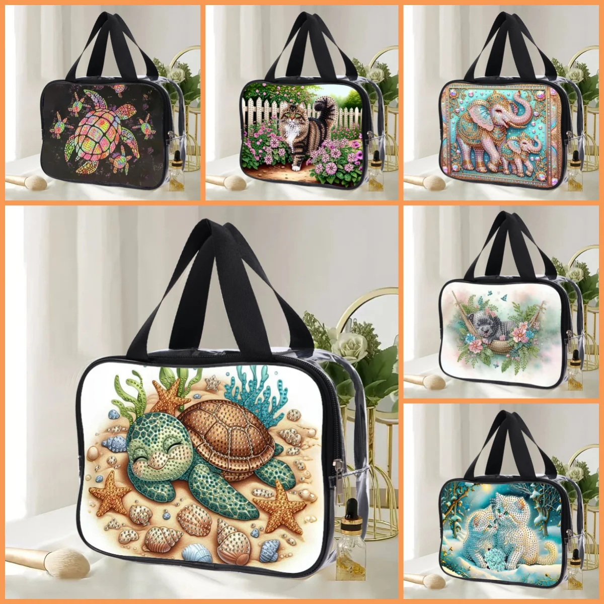 1 DIY diamond painting animal pattern round irregular-shaped diamond PVC material zipper hand-held cosmetic bag
