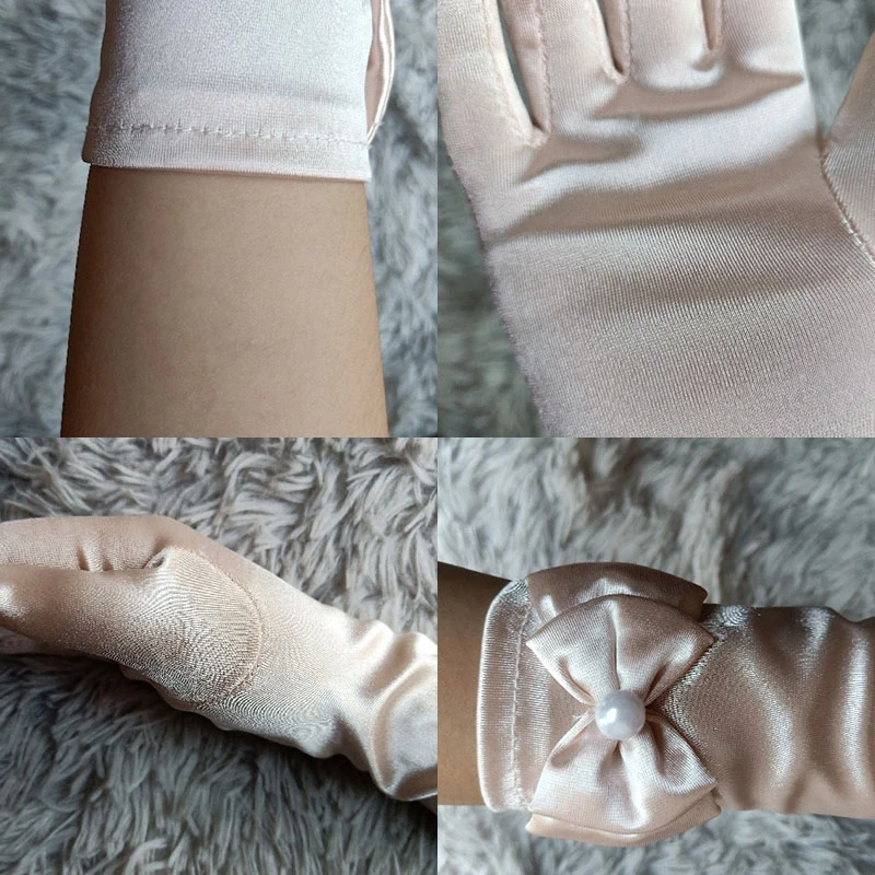 Gants en Satin pour enfants, longs de 29cm, Double couche, avec nœud en perle, mitaines à doigt complet, gants de scène de danse de princesse, accessoire de Costume