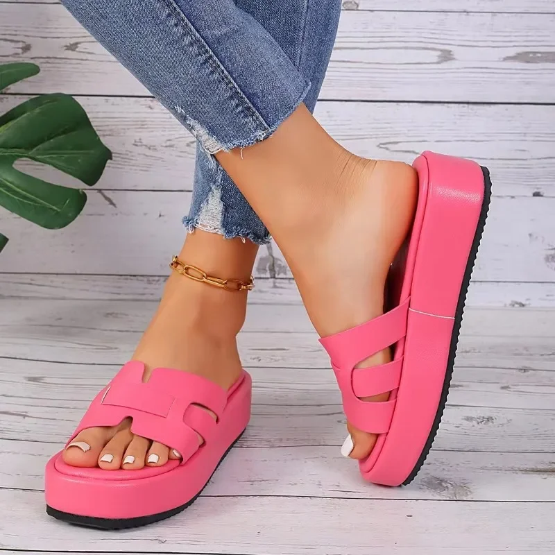 Womens Summer Platform Slippers Round Toe Casual Basic Leather Outdoor Beach Rubber Luxury High Quality Flip Flops High Heels