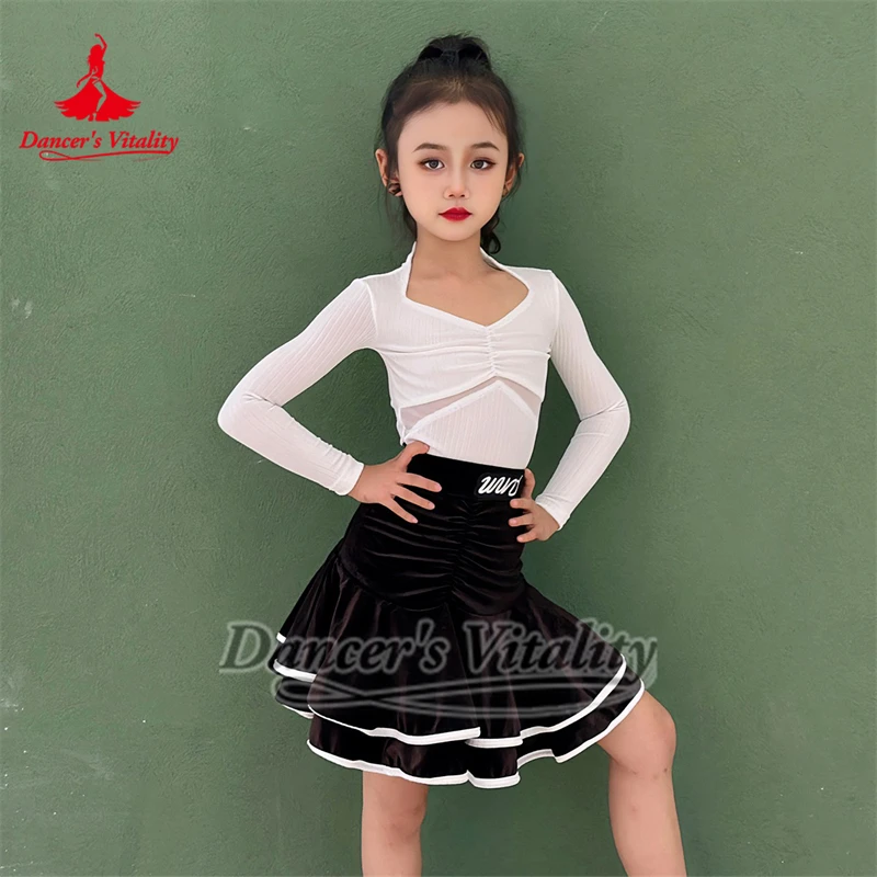 

Белый боди для подростков, румба, чача, самба + черная плиссированная юбка, комплекты из двух предметов, одежда для латинских танцев, жизненная танцевальная одежда для танцев