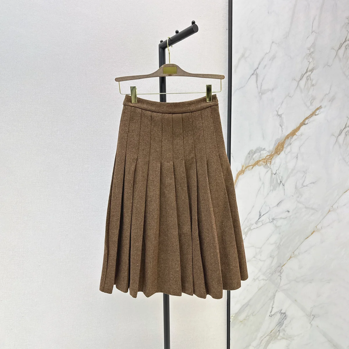 2026 Women Brown Wool Blend Pleated Midi Skirt, High Waist A Line Skirt with Lining261021128
