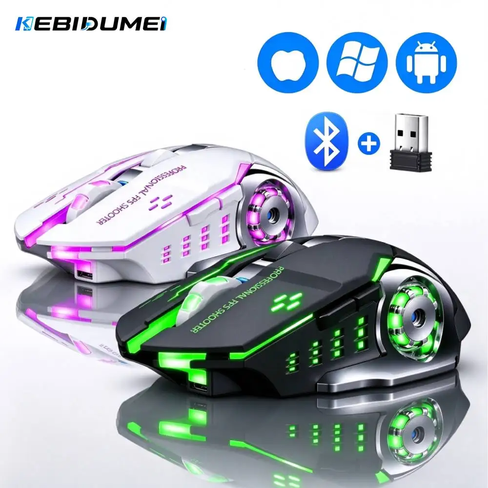 Rato de jogos Bluetooth 2.4G KEBIDUMEI, recarregável, com retroiluminação RGB, design ergonómico e mecanismo de alta qualidade, para PC, portátil e co