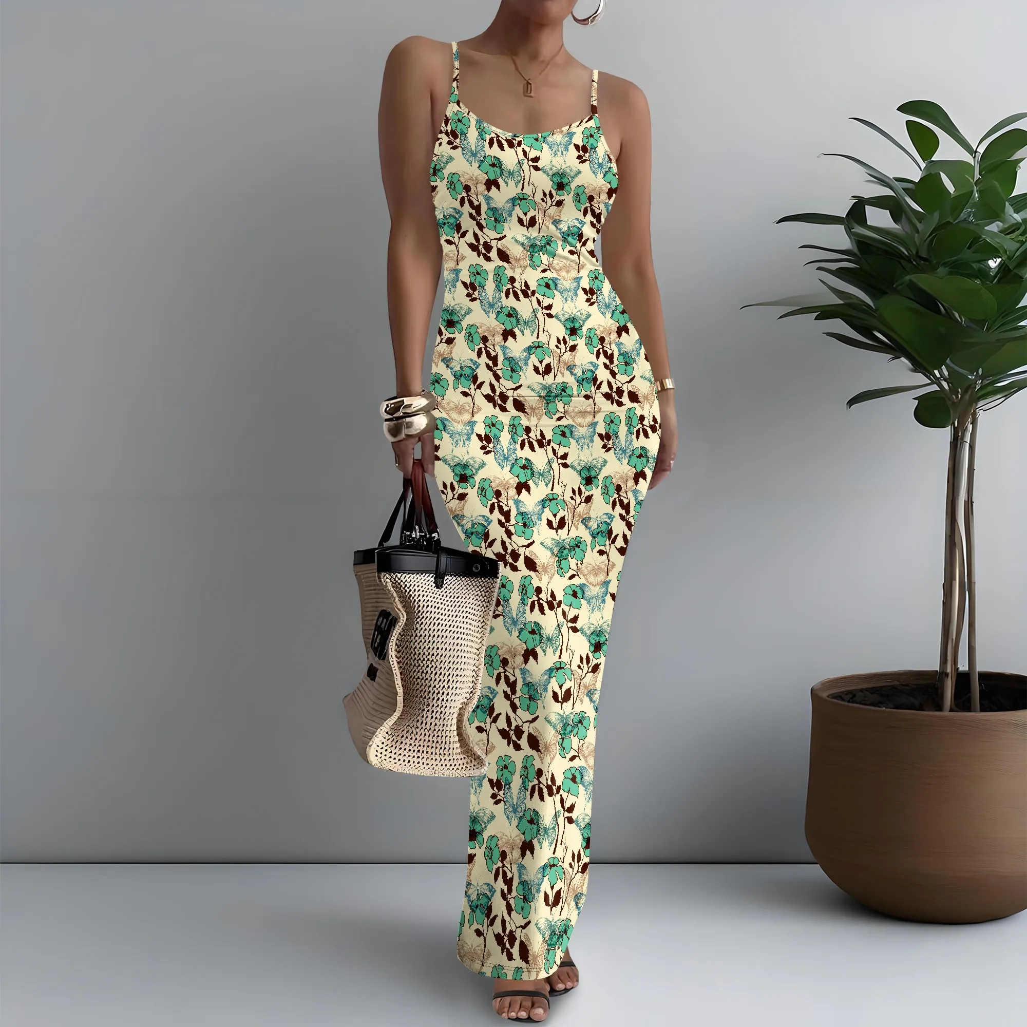 

Women's Spaghetti Strap Maxi Dress Boho Chic Butterfly Print Elegant XS-3XL