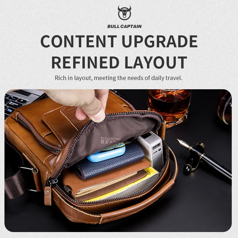 Bullcaptain Men's Large Capacity Shoulder Bag, Leather Men's Bag, Casual Crossbody Bag, Retro Handbag，Men's Postman Bag
