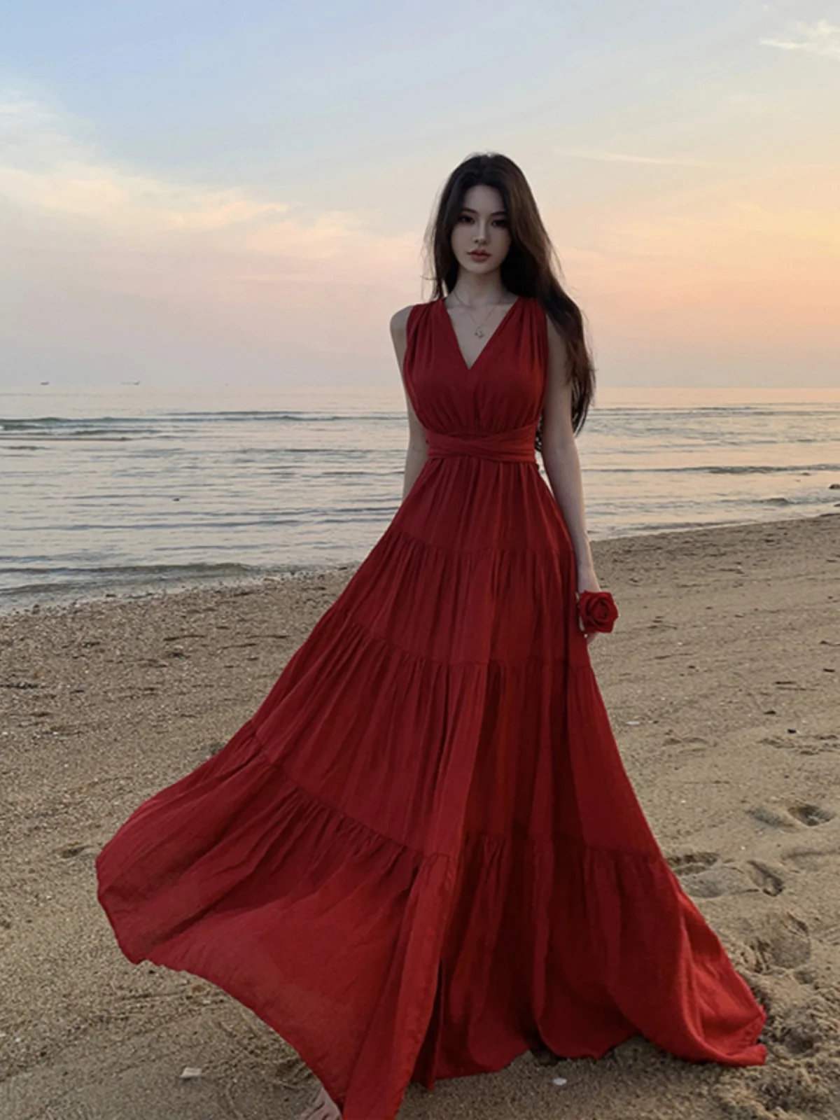 Red Backless V-neck Big Hemline Dress New Slimming Thailand Sanya Seaside Vacation Beach Long dress Atmosphere