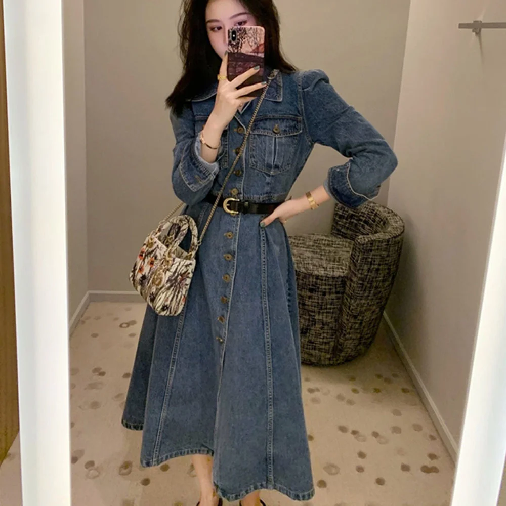 

French Vintage Denim Dress Womans Spring Autumn New Lapel Single-breasted Puff Sleeves Long A-line Jean Dress Casual Chic Dress