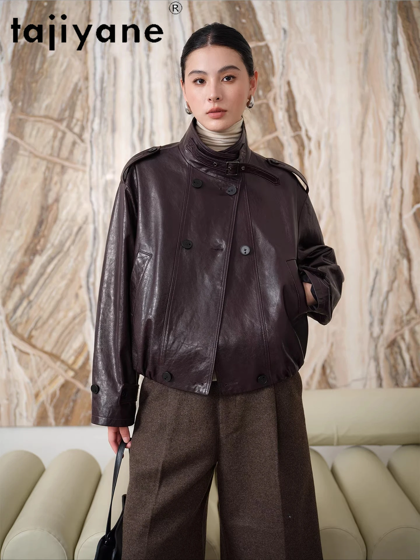TAJIYANE Giubbotti di pelle di pecora a grana superiore in cera oliata Cappotti corti chic Giacca in vera pelle Donna 2025 Autunno Abbigliamento donna дубл onderка