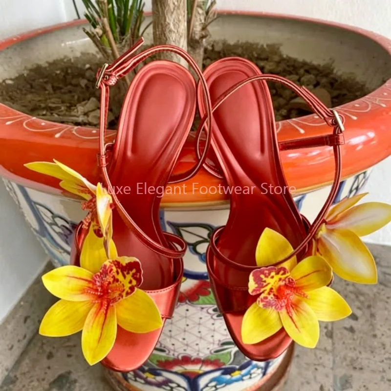 Red Flower Decor Back Strap Hollow Slingback Sandals Women Mixed Colors Open Toe Strappy Thin High Heels Sweet Vacation Shoes - view 4