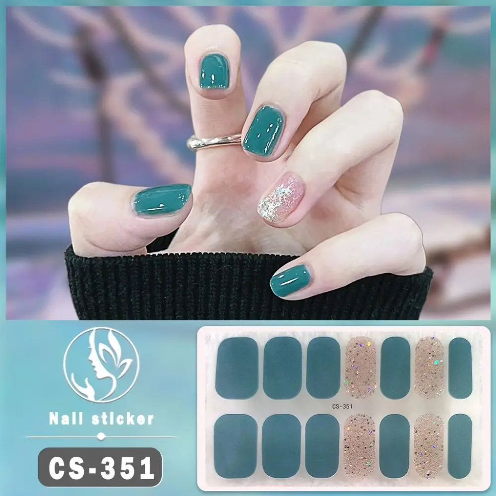 14Tips Foil Gel Nail Stickers Self-Adhesive Glittering Gel Full Nail Wraps Semi Cured Simple French Manicure Decal