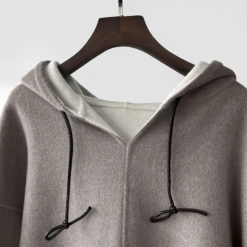 معطف بغطاء للرأس متوسط الطول مع سويت شيرت من الصوف والكشمير بلونين #5