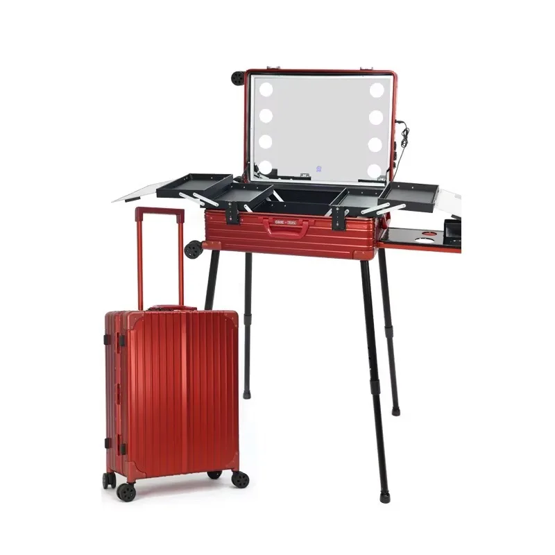 Professional Artist Cosmetic Case 4-Wheel Rolling Makeup Case 8 LED Lights Zipper Closure Fruit National Design