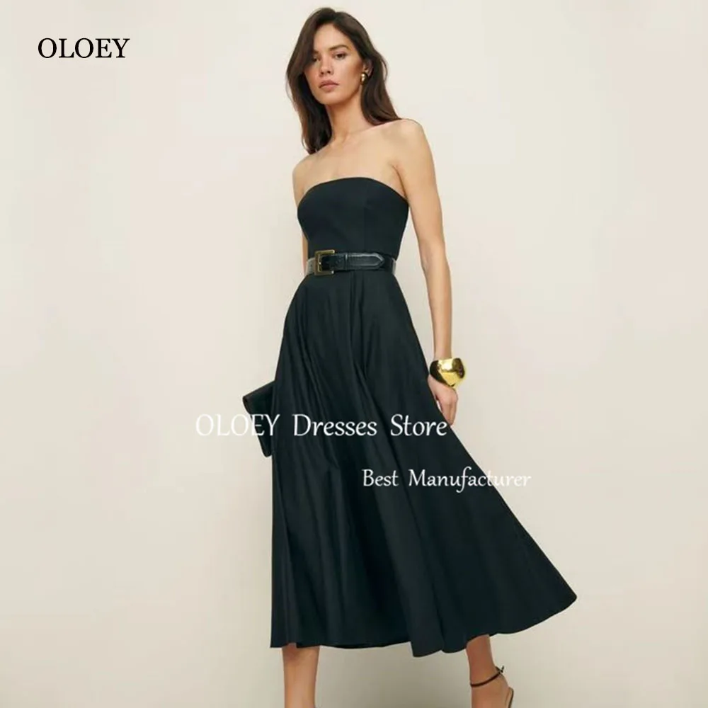 

OLOEY Simple Black Belt Evening Gown Dress Strapless Draped Tea-length Wedding Party Dress Summer Dress Prom Dress