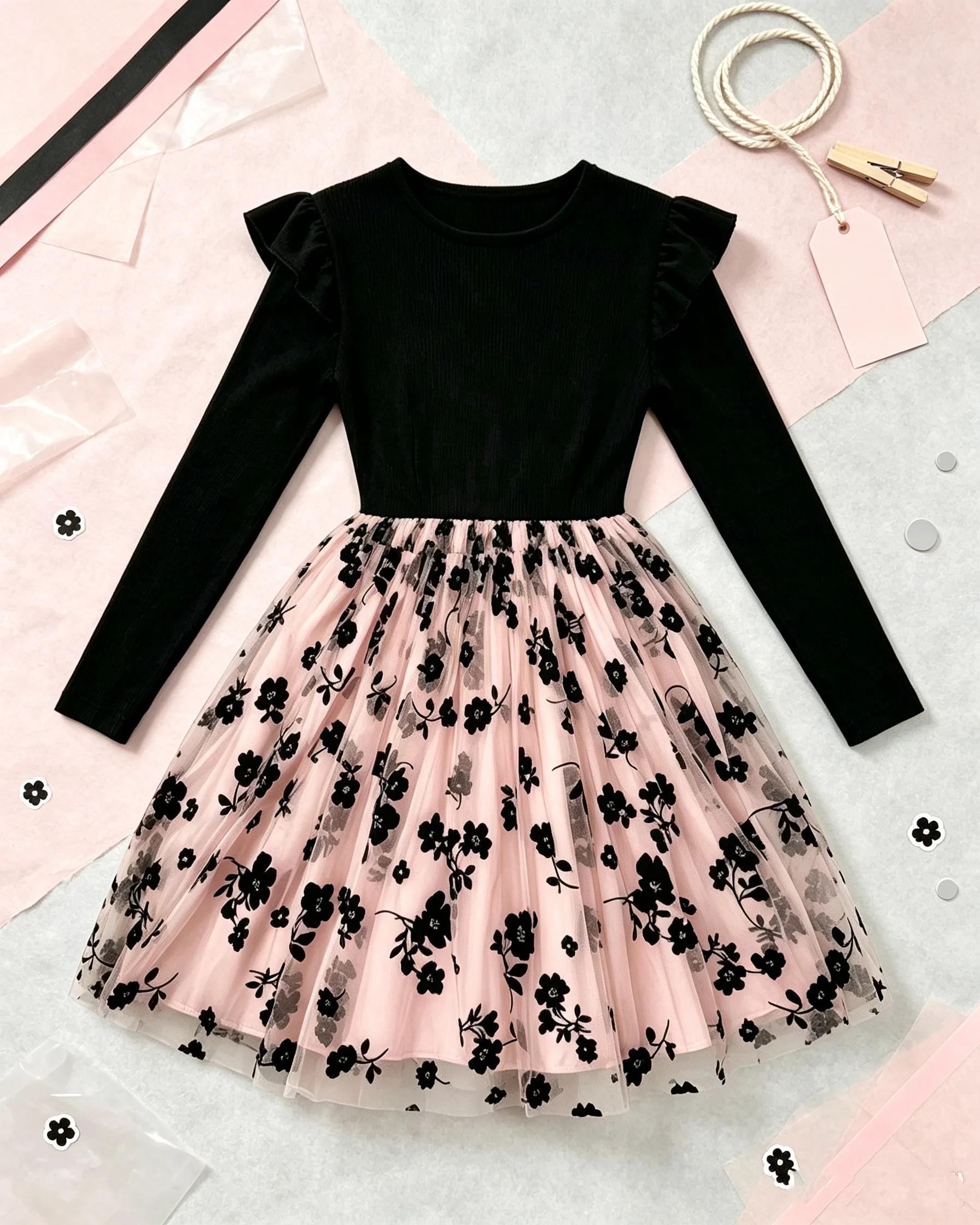 Mädchen-Freizeitkleid mit Rundhalsausschnitt, Netzstoff, Blumenmuster, Herbst, Seitlich Verlängerte Ärmel, Lässige Kinderkleidung – Detail 2