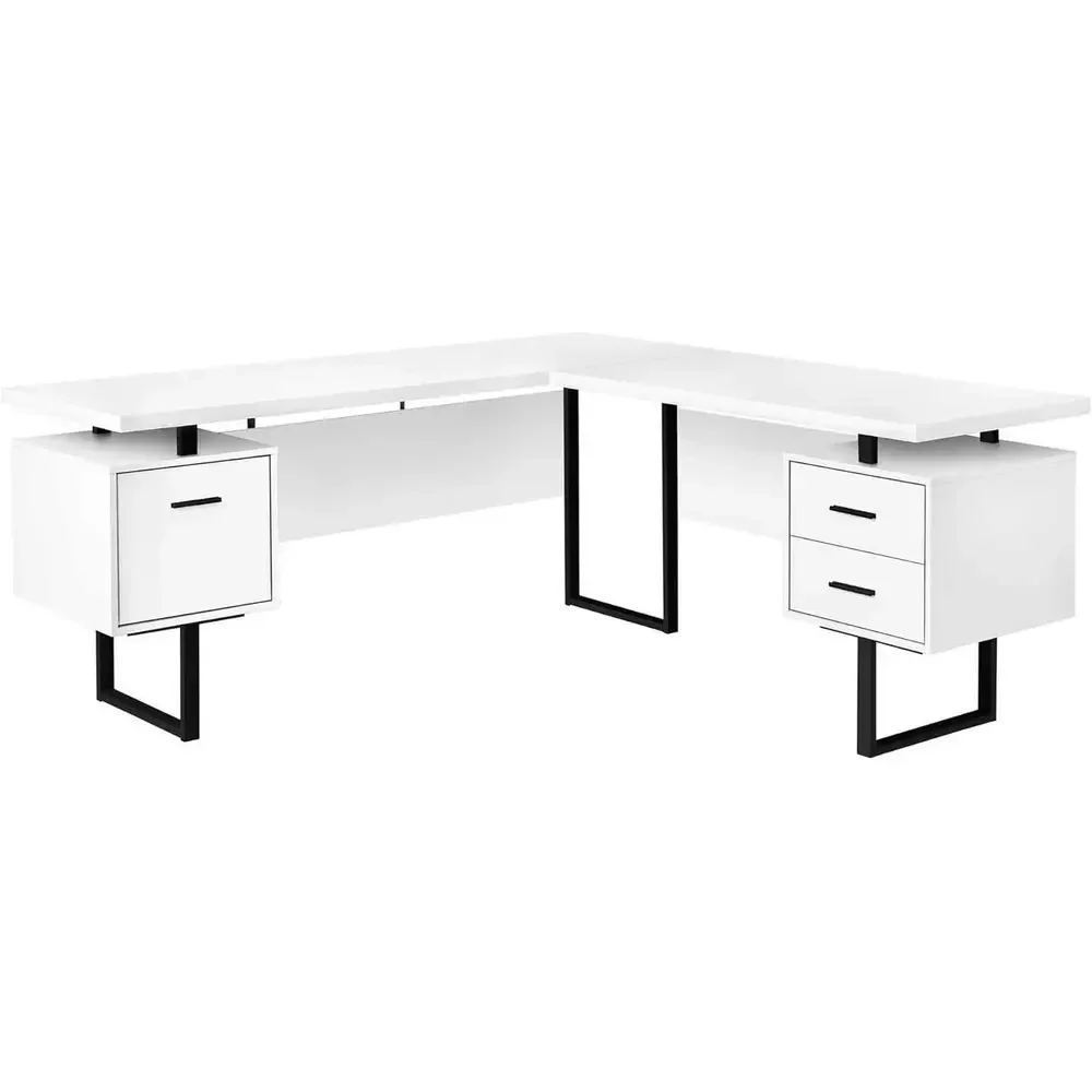7616 L-Shaped Home Office Desk with Storage, 70 Long, Suitable for Laptops, Metal Frame, Laminate Surface in White and Black