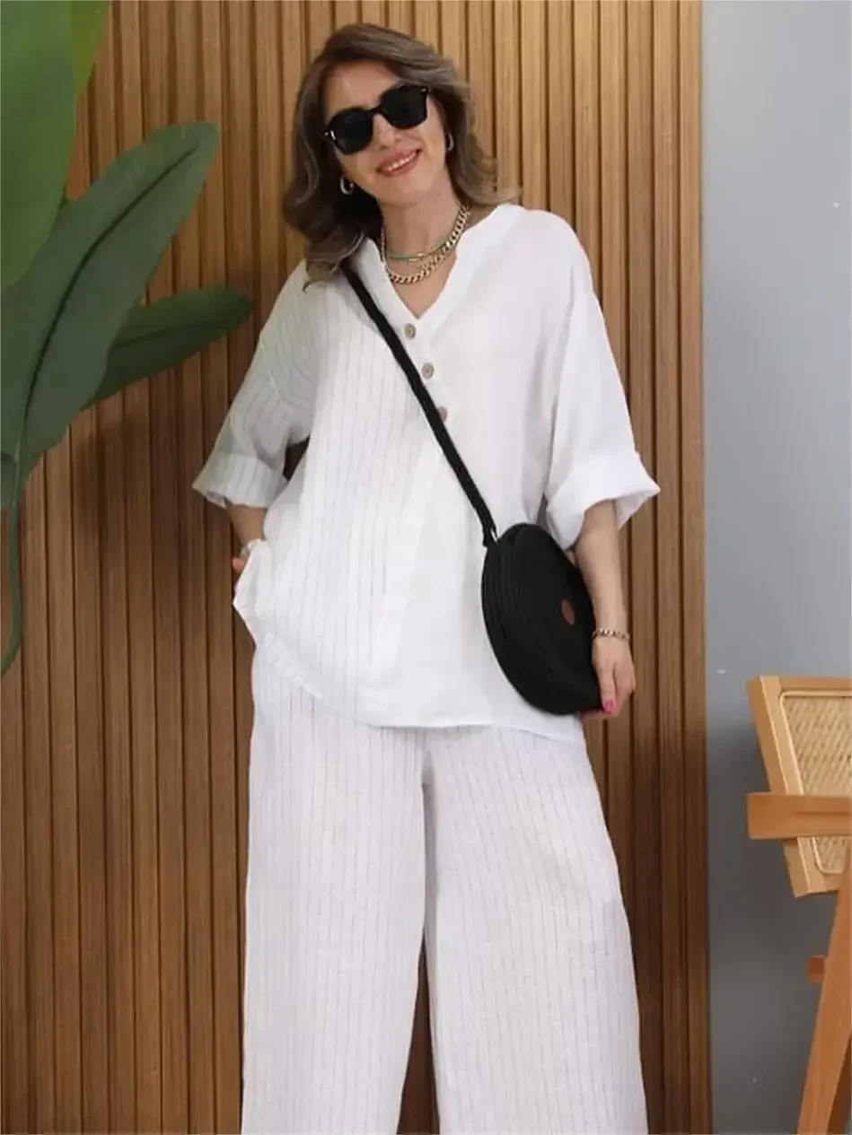 Women V-Neck T-Shirt and Trousers Two-Piece Set Cotton Linen Button Loose Ladies Shirt Casual Chic Pullover with Wide Leg Pant