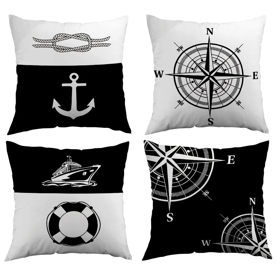 Set di Federe Nautiche Costiere Marittime con Ancora e Bussola, Copricuscini Decorativi per Camera da Letto e Arredamento Casa