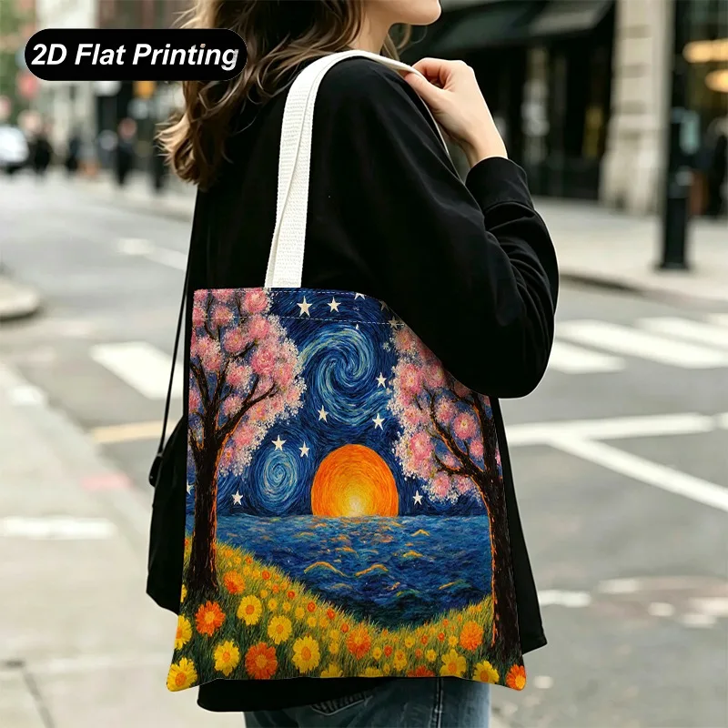 1PC【Tote Bag】2DFlat effect，Van Gogh style starry, sunset, cherry blossom sea print tote bag，Large Capacity、Durable，Adapted f