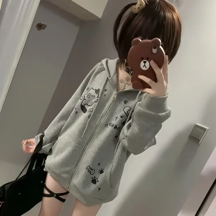 Harajuku Gray Cat Ears Hoodie Coat Women Autumn Winter New Mid-length Loose Sweatshirts Y2k Long Sleeve Zipper Tops Mujer