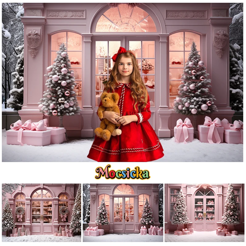Décors de magasin de Noël rose, couronne d'arbre de Noël d'hiver, décor de vacances, fille, princesse, gâteau d'anniversaire, arrière-plans de photographie Smash