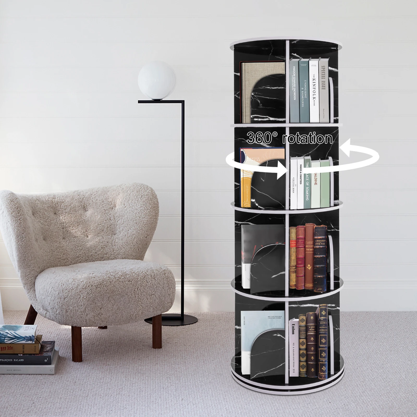 4 Tier Rotating Display Bookshelf Black Marble 360 View Unique Revolving Storage Rack for Spinning Small Bookcase