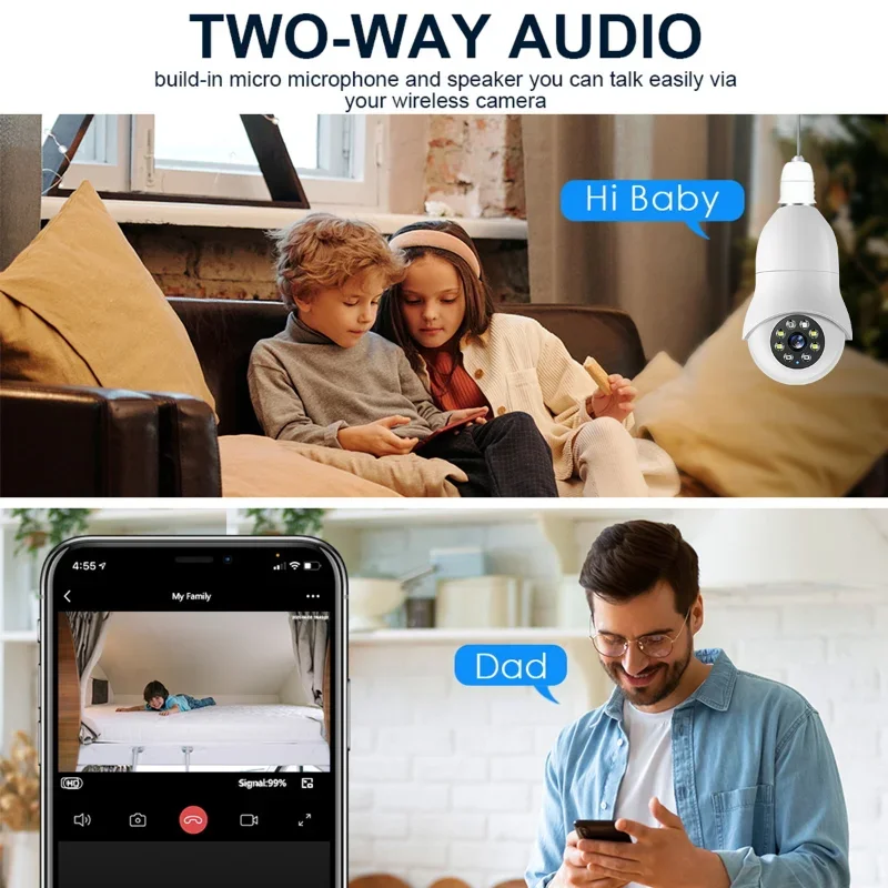 Minicámara de vigilancia con bombilla E27, 1080P, Wifi, rotación de 360 °, seguimiento humano automático, visión nocturna, vídeo por voz