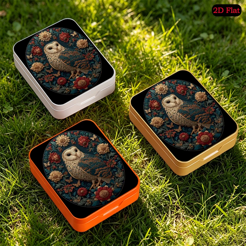 Textured Barn Owl Flower Relief Theme Mini Square Portable Tin Box, UV Printed Flip Top Personalized Photo Metal Tin Box