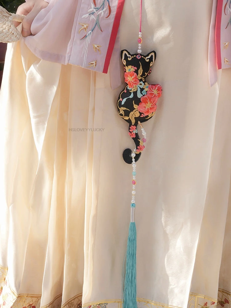 

Chinese Ethnic Style Embroidery Handbag Hanfu Accessories Shoulder Bag Cat Style Tassel Hanfu Bag Chinese Handmade Hanfu Bag