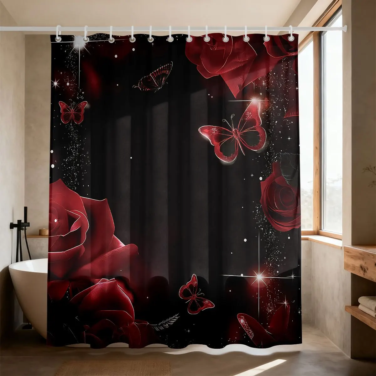 Romantic Red Roses Butterfly Print Shower Curtain Bathroom Decoration Luxury Floral Gothic Shower Curtain Liner