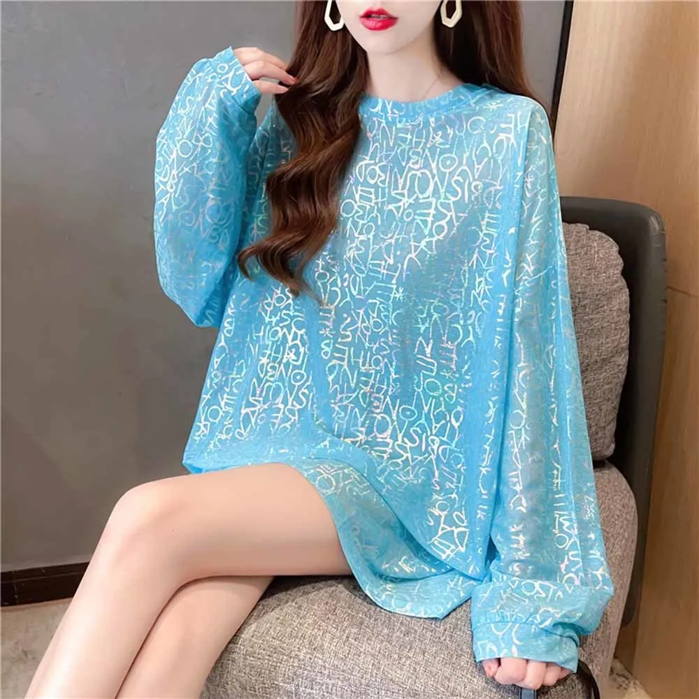 Summer Spring bright letters Mesh Long Sleeve T Shirt Women Casual T Shirt Sunscreen T Shirt Female Loose Sexy Korean Style