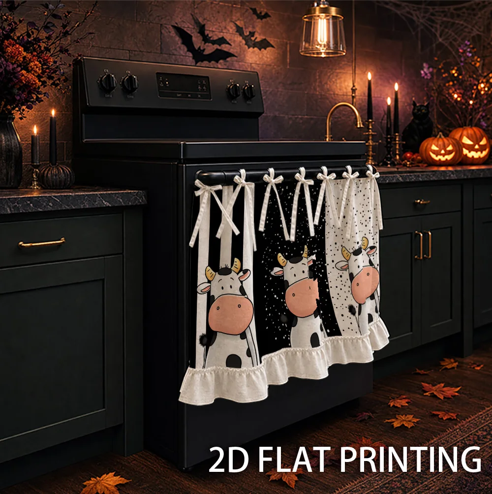 1PC kitchen stove curtain, cabinet curtain and apron. Featuring a 2D graphic design with a cute cow print, stripes and polka dot