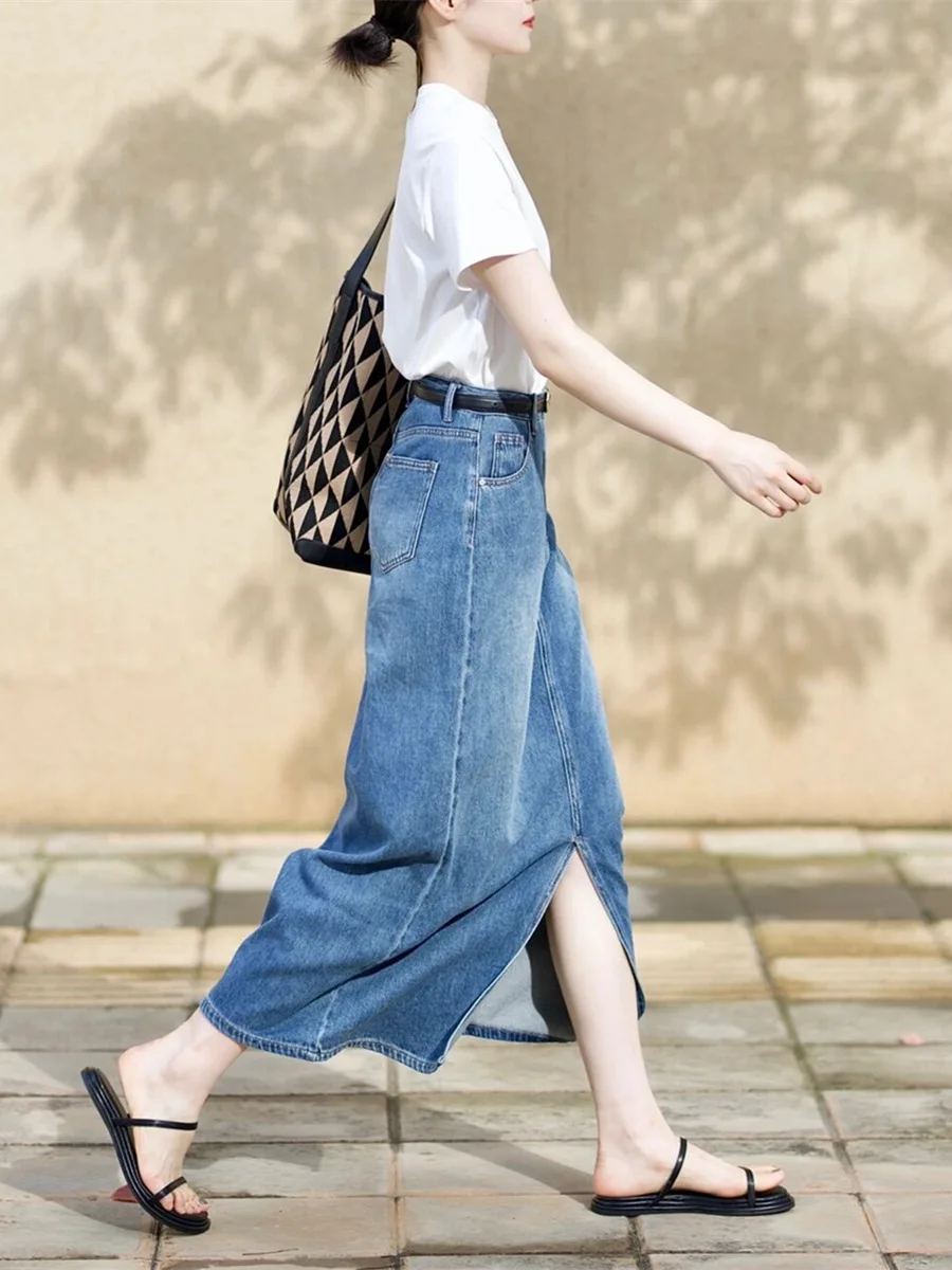 

TIYIHAILEY Free Shipping A-line 2024 Fashion Long Maxi Denim Skirt For Women S-3XL High Waist Summer Skirts With Slit