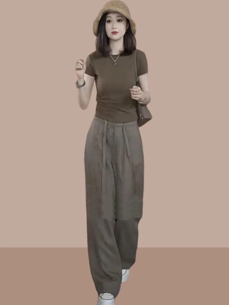 

Elegant Summer Short Sleeve T-Shirt High Waist Straight Leg Pants Two Piece Set Women's Fashion Slimming Casual Outfit