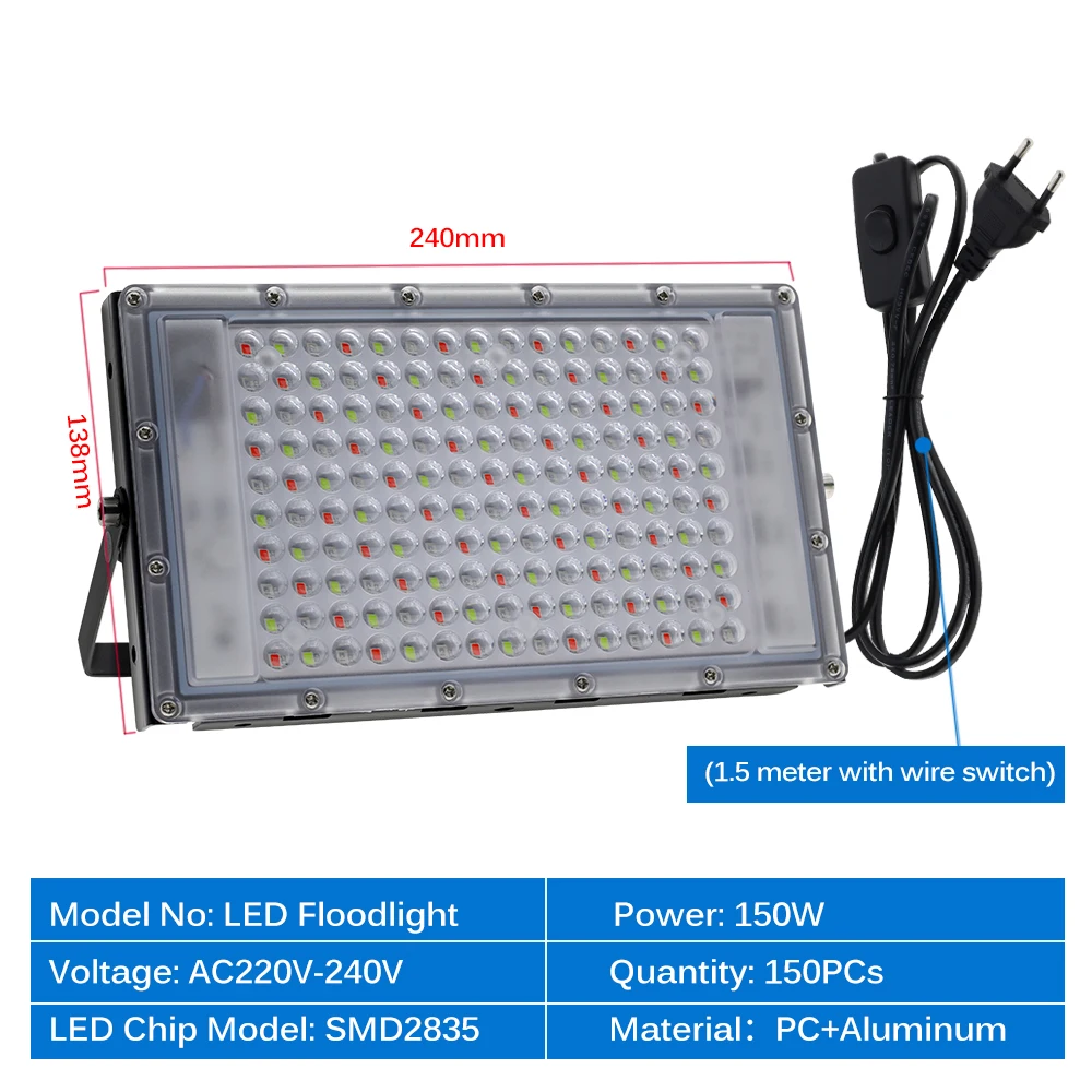 Projecteur LED imperméable à large faisceau avec télécommande, éclairage de paysage, prise ue, AC 220V
